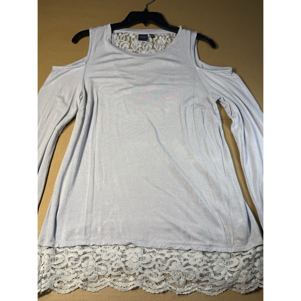 Kaari Blue Cold Shoulder Lace Trim Top Tee Y2K Light Blue‎ Long Sleeve M